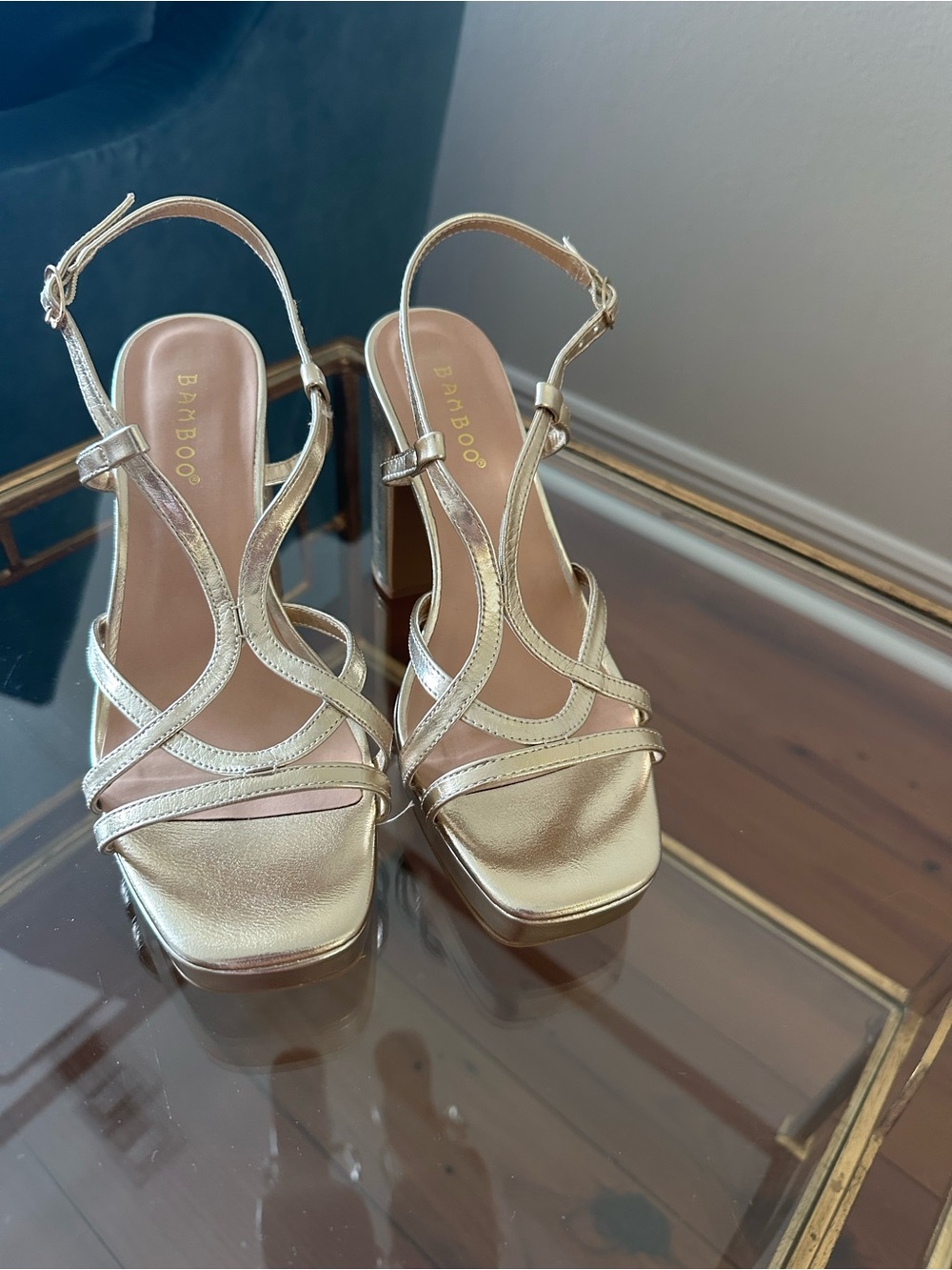 BAMBOO Metallic Gold Strappy Block Heel Sandals